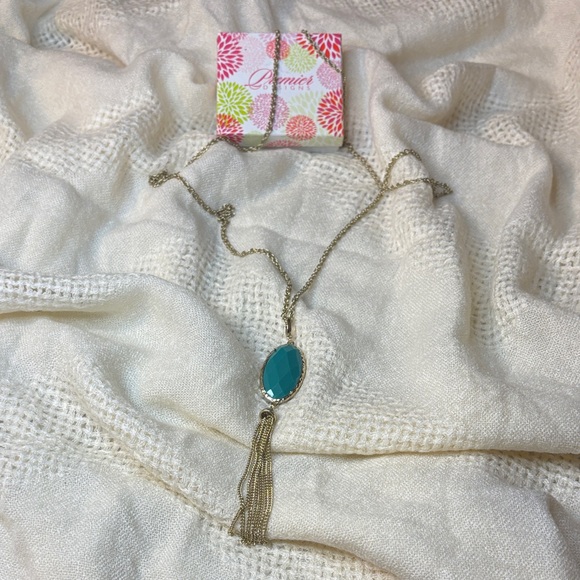 Premier Designs "CECE" Double-Sided Teal Blue Pendant Necklace NWT Gold Tone - Picture 5 of 12